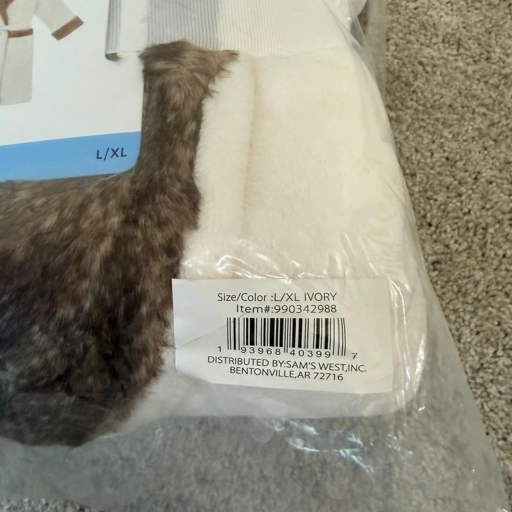 NWT Member's Mark Luxury Plush Robe Ivory Brown Faux Fur Trim Hooded L/XL - Picture 6 of 6